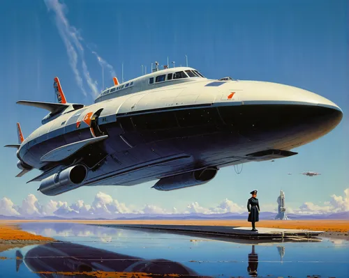 Vintage futurism, lady in uniform, levitation barge, landing, spaceport,flying boat,supersonic transport,douglas dc-7,air ship,airships,lunar prospector,airship,douglas dc-3,northrop grumman,boeing 30