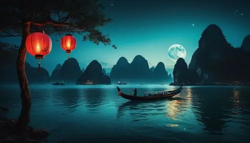 lanterns,fantasy landscape,yangshao,fantasy picture,oriental lantern,moonlit night,mid-autumn festival,boat landscape,illuminated lantern,yangshuo,shaoming,haicang,night scene,vietnam,landscape background,asian lamp,yangtze,lunglei,teal blue asia,danshui,Photography,General,Fantasy