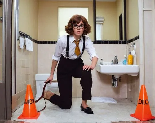 Velma Dinkley, detective outfit, messy curly brown hair, glasses, smoky eye makeup, white shirt, black tie, high-waisted pants, suspenders, leather shoes, standing, bathroom interior, marble counterto