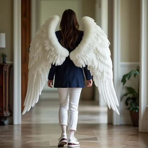 Angelina Jolie with large angel wings on her back, wearing a dark blue blazer, white blouse, white dress pants, Nike sneakers and white socks. Walking inside a house.,woman walking down a hall with wh