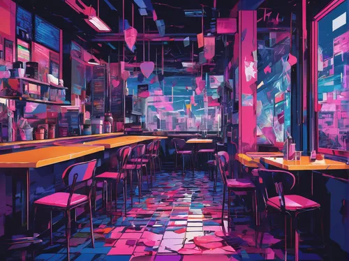 Create a diary entry describing the despair of a broken heart in a bustling cafe.,neon coffee,retro diner,diner,neon drinks,neon tea,watercolor cafe,pink squares,coffee shop,the coffee shop,food court