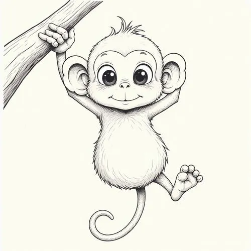 A baby monkey with a round body and a long, curled tail. It is hanging from a tree branch, with a friendly smile and large eyes. The drawing is composed of simple outlines and no color fill. no color,