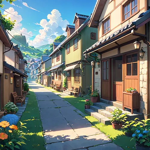 wooden houses,violet evergarden,alley,alleyway,studio ghibli,alpine village,aurora village,neighborhood,cobblestone,neighbourhood,spa town,townhouses,old linden alley,euphonium,mountain village,blocks of houses,seaside country,beautiful buildings,old town,narrow street,Anime,Anime,General