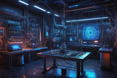 Futuristic laboratory, robotic stress tester AI, metallic body, glowing blue eyes, intricate circuitry patterns, wires, machinery, industrial setting, dim lighting, steel tables, various tools scatter