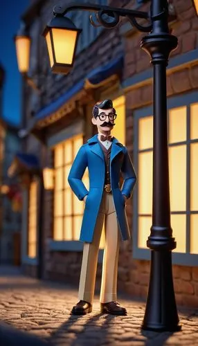 Lazy town mayor, middle-aged man, thick mustache, messy brown hair, glasses, casual wear, blue shirt, beige pants, black leather belt, loafers, standing, leaning against a lamp post, small-town street