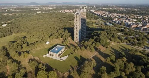 Topographic section isometry, white background, with green areas with a building, which stands out for its architecture,a large building surrounded by trees and buildings,monserrate,kozara,carillon,ca