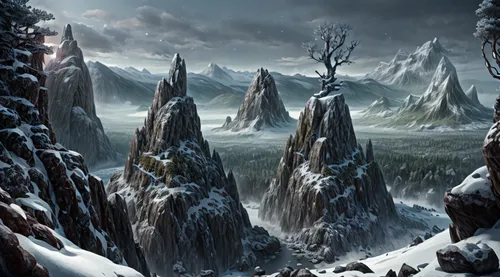 northrend,ice castle,fantasy landscape,snow mountains,snowy mountains,ice landscape,mountainous landscape,snowy peaks,mountain settlement,mountains snow,ice planet,mountainous landforms,elven forest,the landscape of the mountains,mountain landscape,mountains,hall of the fallen,karst landscape,fantasy picture,eternal snow