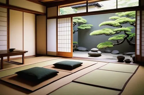 Akari Japanese-style architecture, modern minimalist design, intricate wooden structures, sliding doors, shoji screens, tatami mats, low seating, natural materials, warm lighting, subtle shadows, trad