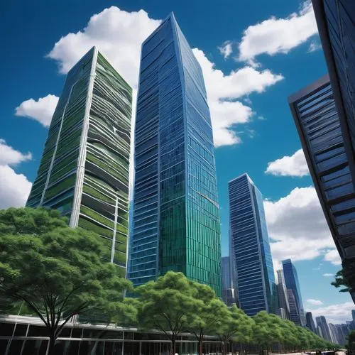 Modern futuristic skyscrapers, sleek lines, metallic materials, green roofs, solar panels, sustainable buildings, bustling metropolis, city hall, urban squares, pedestrianized streets, vibrant nightli