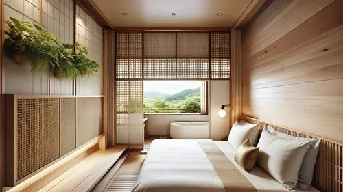 This design shows the spring Japanese style hot spring hotel that combines Japanese style with Puli culture. It mainly uses teak wood and milk tea tones to create a warm, tranquil and elegant atmosphe