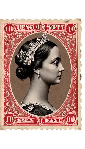 Vintage postage stamp, rounded corners, distressed edges, faded colors, ornate frame, intricate details, Queen Victoria portrait, old-fashioned font, red cancellation mark, worn paper texture, warm co