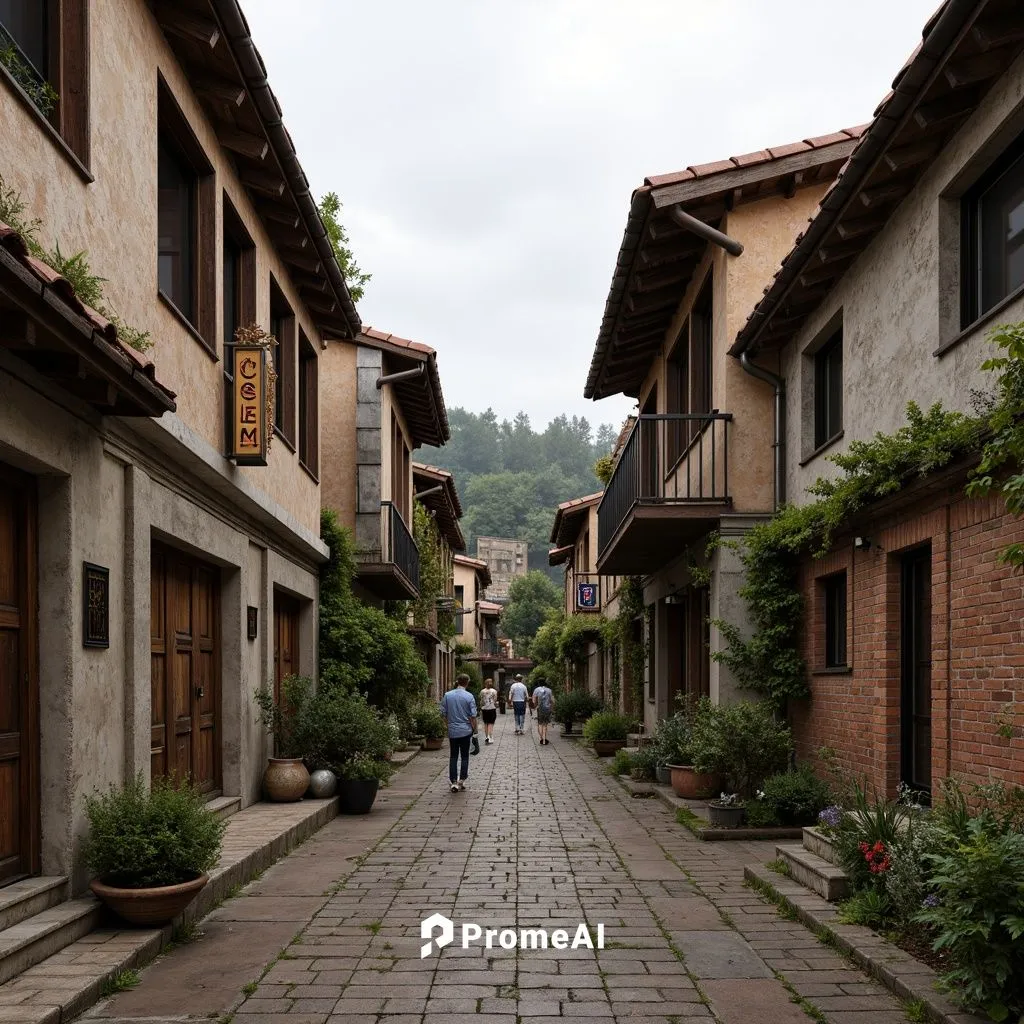 Rustic regionalism buildings, earthy tones, natural stone walls, wooden accents, clay roof tiles, distressed textures, vintage signage, ornate metalwork, worn brick facades, aged concrete, moss-covere