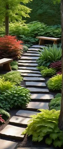 Tall, slender trees, dry shade, architectural plants, Ferns, Hostas, Heuchera, Japanese Maples, ornamental grasses, variegated foliage, rustic wooden benches, natural stone pavement, moss-covered grou