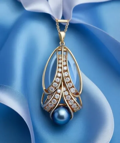 A pendant with round diamonds  on the ribbon, and blue colored pearls  ,high quality, high resolution, ultra distills, 8k,an elegant and pretty blue necklace with pearls,mouawad,pendentives,art deco o