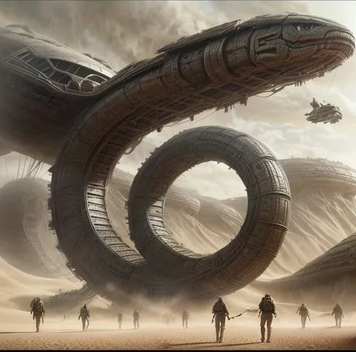 airships,stargate,ringed-worm,alien ship,sci fi,dune,arrival,futuristic landscape,helix,sci - fi,sci-fi,scifi,centipede,sci fiction illustration,alien world,alien planet,wormhole,coils,airship,dystopi