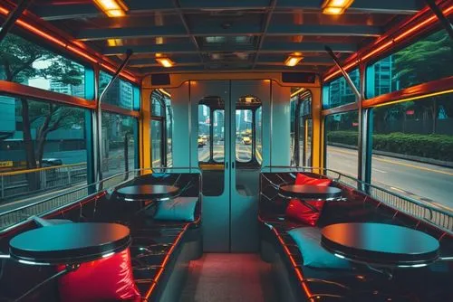 hong kong tram interior, black, hidden gradient lights, neon lights
,several empty seats are on the back of a commuter bus,tram car,transjakarta,the bus space,tramcars,street car,autobus,Photography,G