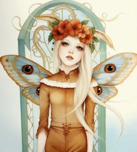 a cartoon girl with large hair and a erfly wings,faerie,fairie,faery,pollina,flower fairy,elven flower,Illustration,Abstract Fantasy,Abstract Fantasy 11