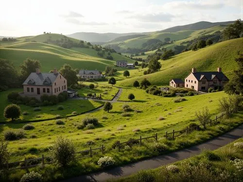 Rolling hills, lush green pastures, rustic farmhouses, wooden fences, winding country roads, rural landscapes, traditional architectural styles, pitched roofs, brick chimneys, natural stone walls, ear