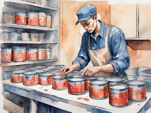 In a dystopian future, a survivor comes across a hidden stash of canned tuna steaks and must decide how to use them wisely.,canning,paint cans,canned food,tin cans,meticulous painting,tin can,paints,t