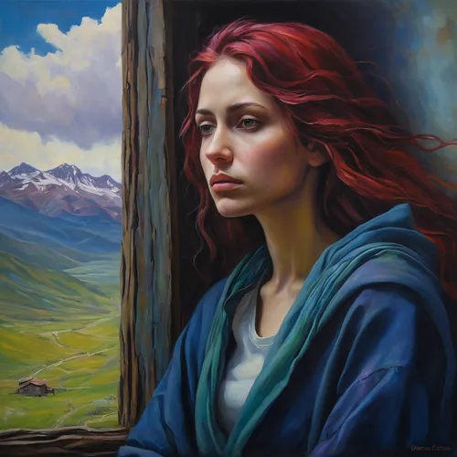 Create a fictional case study on the psychological effects of isolation on individuals living in a remote mountainous region.,depressed woman,woman thinking,oil painting on canvas,oil painting,praying