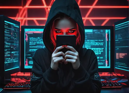 horror theme, Friday the 13th, hacker character, (25yo), intense eyes, dark makeup, black hoodie, ripped jeans, combat boots, typing furiously, computer screens, code lines on display, server racks, d