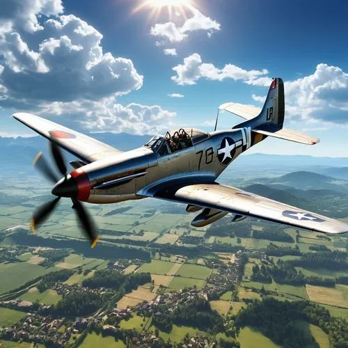 A captivating 3D render of a NAA P-51 Mustang WW II piston fighter aircraft with dull silver fuselage, mid-blue wings and red tail is flying 500 m above a group of Boeing B-17 U.S. WW II bombers on a 