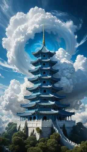 asian architecture,stone pagoda,pagodas,world digital painting,sky tree,japan landscape,fantasy picture,imagawa,bird kingdom,japon,kujira,temples,kyoto,hall of supreme harmony,imaginasian,buddhist temple,cloud towers,heian,chiyonofuji,japanese art,Conceptual Art,Fantasy,Fantasy 11