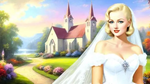 dark saturated colors, Romantic masterpiece oil painting, beautiful girl bridal gown portrait, nostalgic 1950's style kitsch, rural American church landscape, cozy familiar scenery, by Thomas Kinkade,