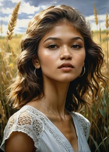 wheatfield,thyatira,portrait background,wheatfields,romantic portrait,woman of straw,image manipulation,countrywoman,wheat field,natural cosmetics,fantasy portrait,wheat fields,photo painting,azilah,wheat ear,hyperpigmentation,mystical portrait of a girl,wheat crops,world digital painting,madding,Illustration,Retro,Retro 14