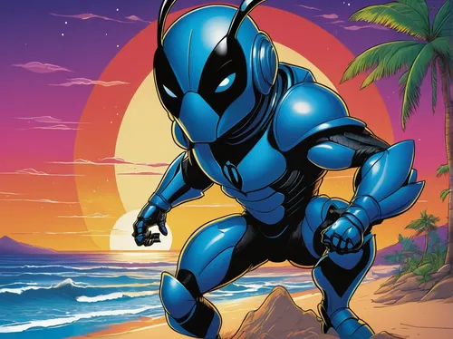 Design an energetic blue beetle poster with a vibrant sunset beach background.,black ant,divemaster,wetsuit,sea devil,cartoon ninja,blue hawaii,the suit,broncefigur,vector image,sea man,leatherback se