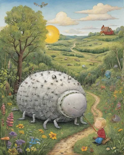 Write a heartwarming story where a child befriends a talking maggot and they go on adventures together.,hedgehog,mushroom landscape,the sheep,studio ghibli,sheep knitting,cumulus,wool pig,sleepy sheep