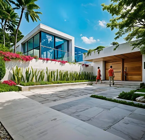 a house with landscaping and a large tree,prefab,tropical house,piramal,modern house,prosperindo,frame house