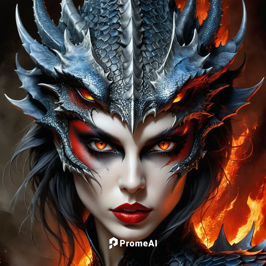 a dragon woman in an action pose, her skin with a cracked, molten lava-like texture. The skin is dark with red highlights, especially around the eye area. Her eyes are detailed with a visible iris and