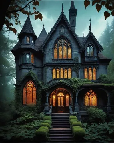 Gothic Revival architecture house, Victorian era, mysterious atmosphere, ornate stone walls, pointed arch windows, ribbed vaults, flying buttresses, steeply pitched roof, grand entrance door, heavy me