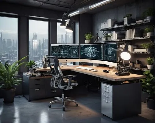 Modern minimalist atelier, wooden desk with metal legs, ergonomic chair, multiple monitors, drafting table, scattered papers, pencils, rulers, coffee cups, plants on shelves, large windows, natural li