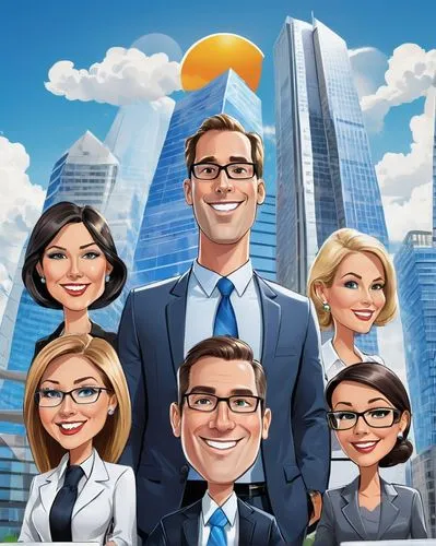 Modern marketing team, standing, in front of a sleek skyscraper, business casual attire, laptops, tablets, smartphones, colorful graphs, charts, and diagrams, cityscape background, sunny day, blue sky