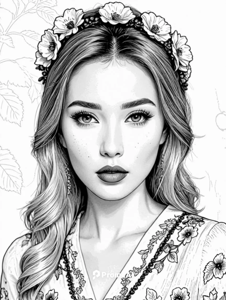 a black and white portrait of a woman wearing a flower wreath,boho art style,margaery,margairaz,fashion vector,flower line art,jessamine,Design Sketch,Design Sketch,Black and white Comic