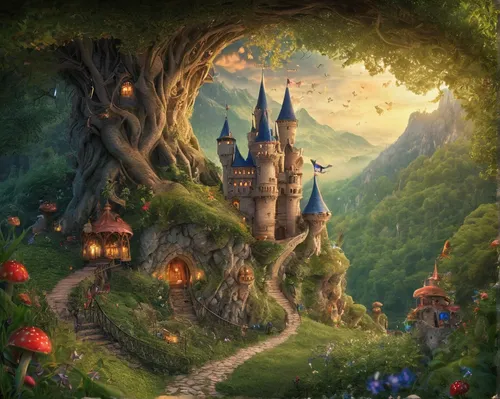 fairy tale castle,fairy village,fairytale castle,fairy world,children's fairy tale,fairy tale,a fairy tale,fairytale forest,fairytale,fairy house,fantasy picture,fairy forest,fantasy world,fantasy landscape,enchanted forest,fairy tales,3d fantasy,fairy tale character,rapunzel,fairy door,Illustration,Realistic Fantasy,Realistic Fantasy 02