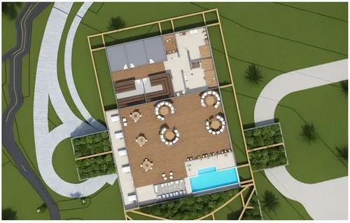 The image is a floor plan for an ecolodge ground floor, featuring an entrance and reception area, multiple dining areas, a kitchen, a pool with surrounding seating, outdoor seating and pathways, addit