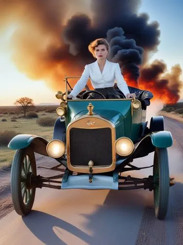 Side view at sunshine: Mrs. Clara Jane Ford is at the center of the action. She is driving a Ford (Model T) through a Texan landscape, its dark green paint reflecting the bright sunlight. The interior