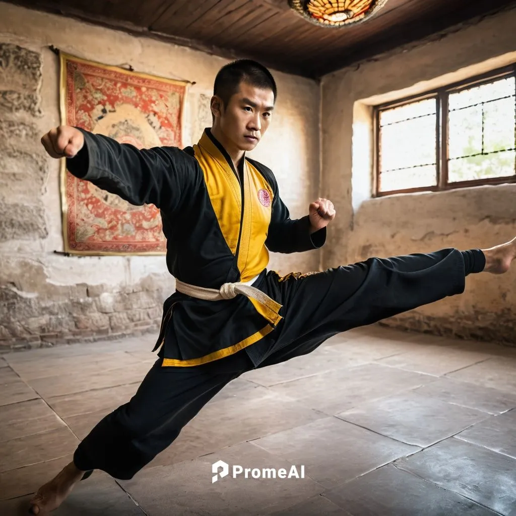 young guy demonstrates kung fu techniques and threatens on camera,a man with black and yellow karate gear,kongfu,xingyiquan,baguazhang,inosanto,taijiquan,wushu,Photography,General,Natural