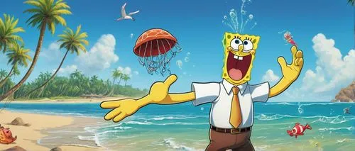 SpongeBob SquarePants, excited expression, blue eyes, porous yellow skin, white shirt with a blue collar, red tie, brown pants, Krusty Krab apron, holding a jellyfish net, standing on the beach, sunny