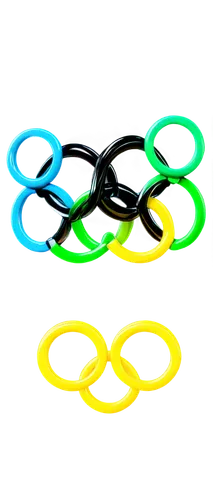 Olympic rings, interconnected, colorful, blue, yellow, black, green, red, glossy, metallic, 3D, symmetrical composition, soft focus, bokeh effect, shallow depth of field, warm lighting, vibrant colors