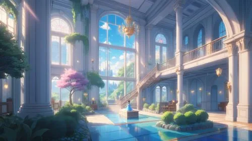 there is an animated scene in the interior,dandelion hall,aqua studio,violet evergarden,frame flora,symphonia,dreamhouse,Anime,Anime,Realistic