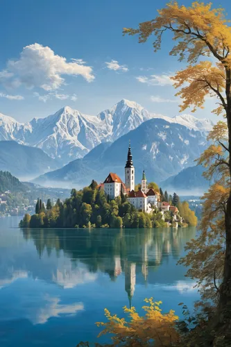 lake bled,bled,slovenia,lake lucerne region,eastern europe,thun lake,bavaria,bavarian swabia,eastern switzerland,balkans,beautiful landscape,bernese alps,thun,southeast switzerland,lake thun,austria,oberhofen castle,autumn mountains,the alps,tyrol,Art,Classical Oil Painting,Classical Oil Painting 02