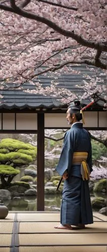 Hagahrome Clan, Japanese traditional architecture, tatami mats, shoji screens, sliding doors, kimono-clad figures, samurai armor, katana sword, Japanese garden, bonsai trees, koi fish pond, stone lant