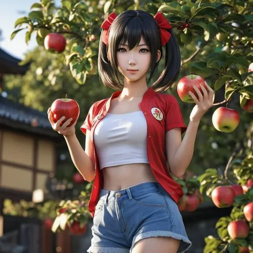 anime character,japanese style,girl,apples,a girl with bangs is holding some apples in a tree,red apples,red apple,apples,cherries,ripe apple,great cherry,Photography,General,Realistic