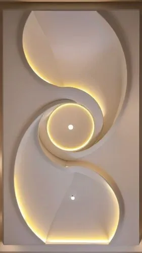 Gypsum decoration in the ceiling of a room with hidden LED lighting,a large, unusual, circular design that is very interesting,ceiling light,circular staircase,ceiling lamp,wall light,wall lamp,ceilin