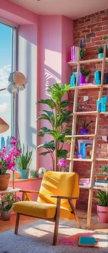 pink chair,kids room,cabana,house plants,loft,tropical house,beach furniture,modern decor,sky apartment,an apartment,interior design,houseplants,creative office,beach chairs,aqua studio,children's room,shared apartment,background colorful,kitschy,brighthouse,Conceptual Art,Sci-Fi,Sci-Fi 28