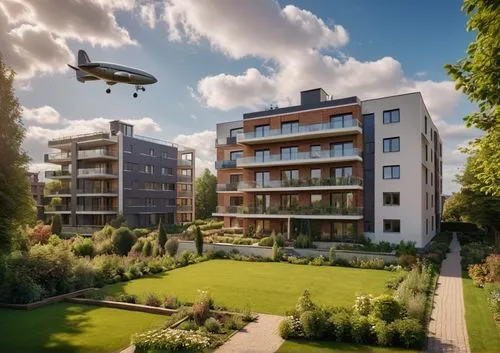 Photorealistic image, on a sunny day, of residential buildings, surrounded by a garden. In the sky a zeppelin and small plane.,plant protection drone,sky apartment,the pictures of the drone,3d renderi